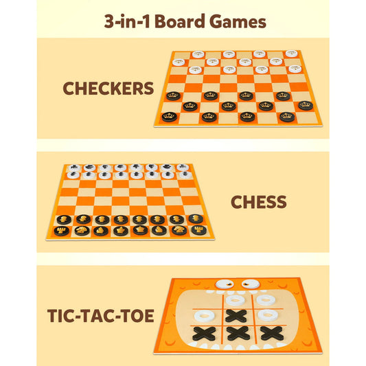 3-in-1 Chess and Checkers Game, Tic Tac Toe Vintage Jumbo Board Game with Playmat